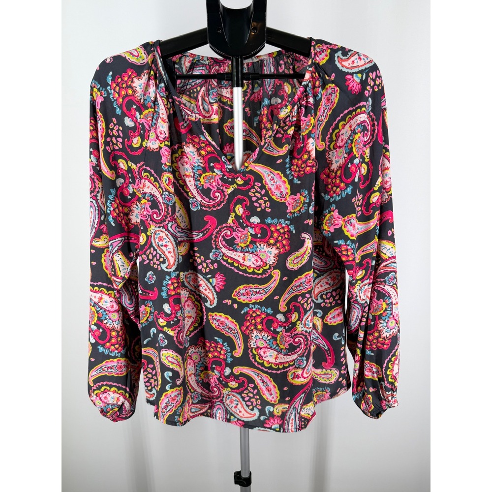 Emily Wonder Womens Pink Yellow Paisley Long Sleeve V-Neck Blouse Top Size M